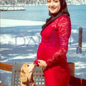 Red long sleeved long lace dress